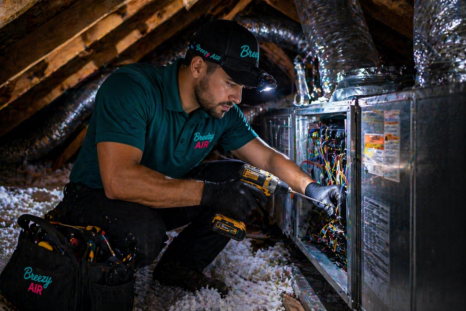 Breezy Air technician in branded teal polo and cap working on an air handler in a South Florida attic