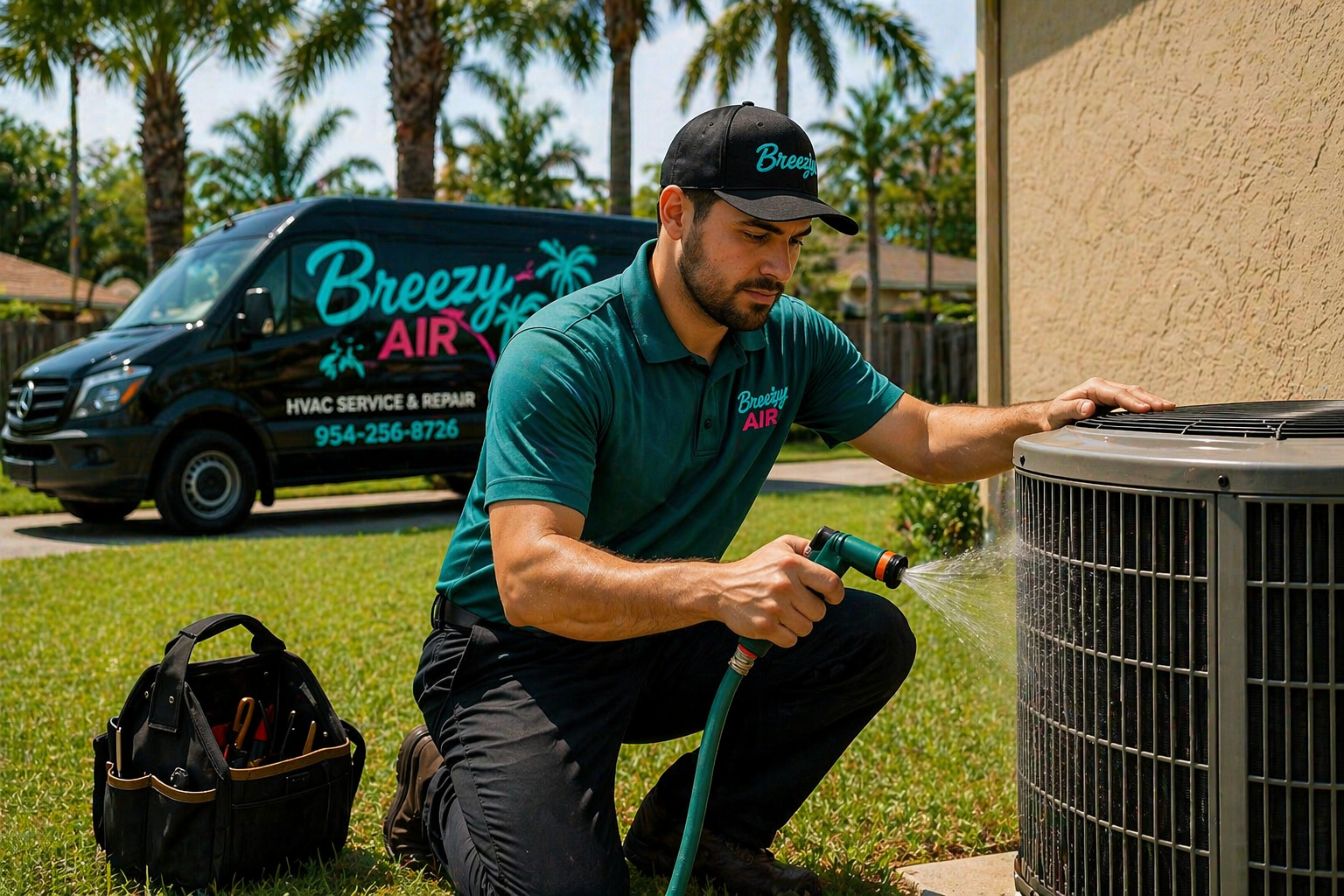 Breezy Air technician washing a residential condenser outside a South Florida home with the branded van in the background