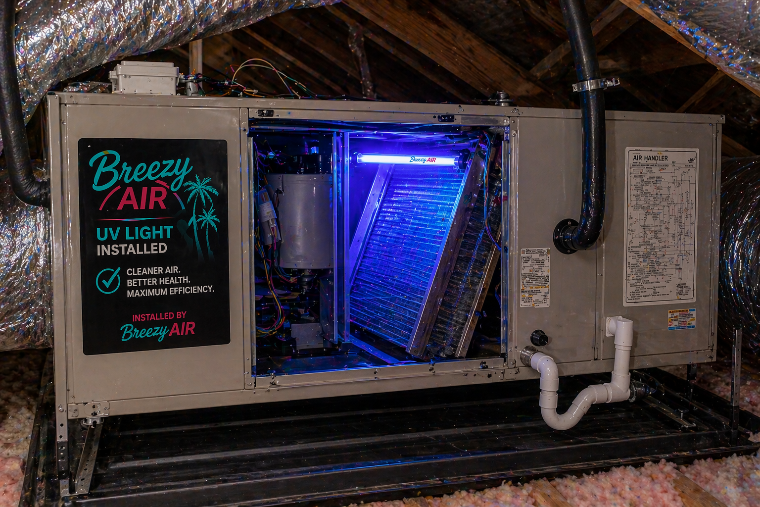 Breezy Air UV-C light installed inside a South Florida air handler — sterilizes air at the coil