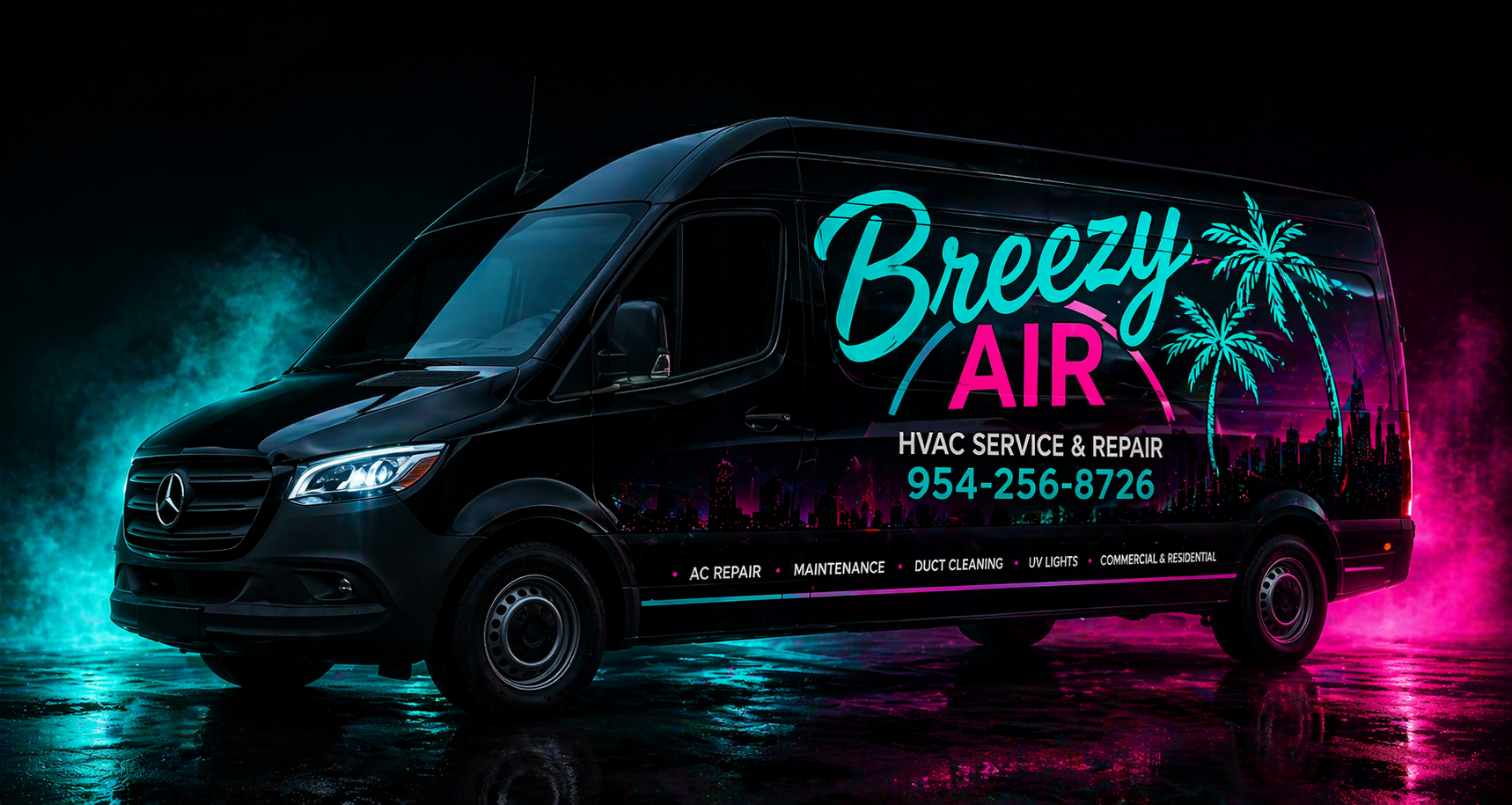 Breezy Air branded HVAC service van in Miami Vice colors — neon teal palm trees and hot pink accents